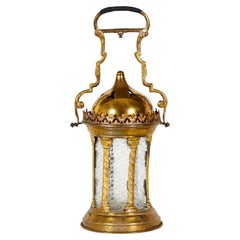 Italian Rococo Brass Hand Lantern, Circa 1850, Six Hand-Crafted Panels