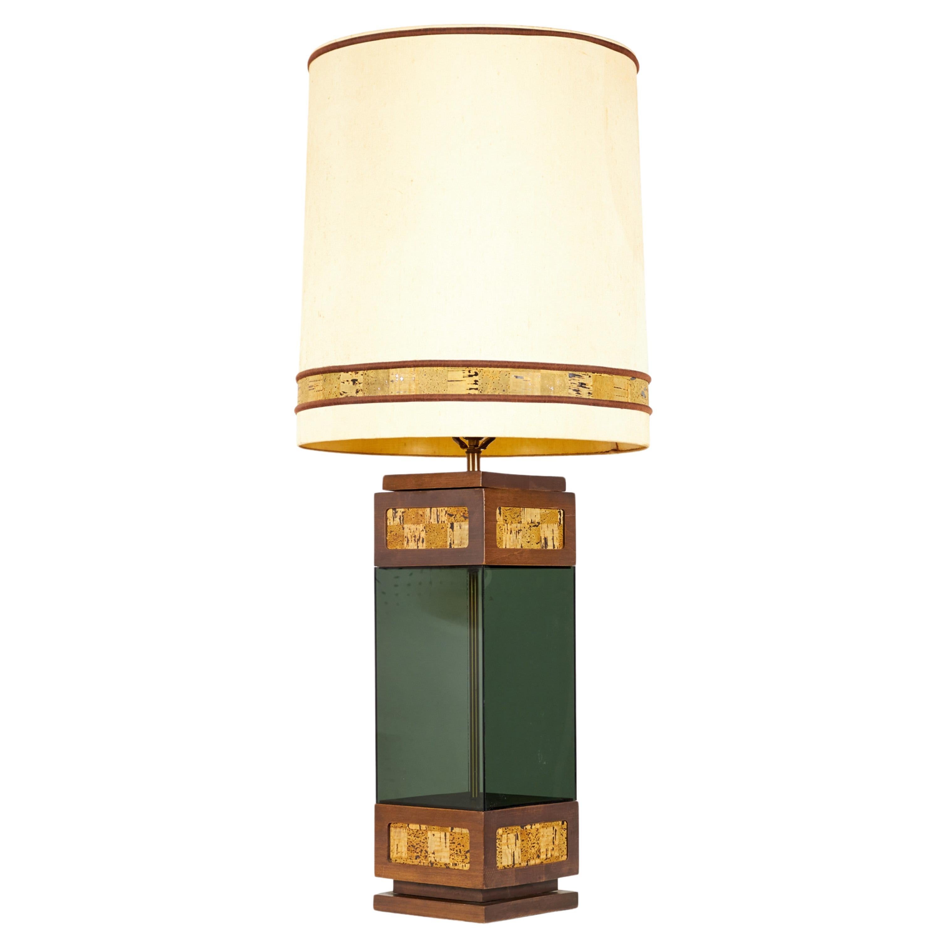 Lampe de table américaine du milieu du siècle dernier en verre fumé et liège