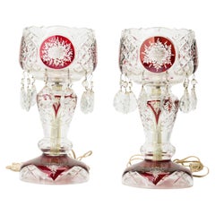 American Victorian Table Lamps, Cut Crystal & Red Glass, Circa 1955