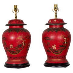 Pair of Vintage Chinese Red and Gold Hand-Painted Tole Ginger Jar Table Lamps