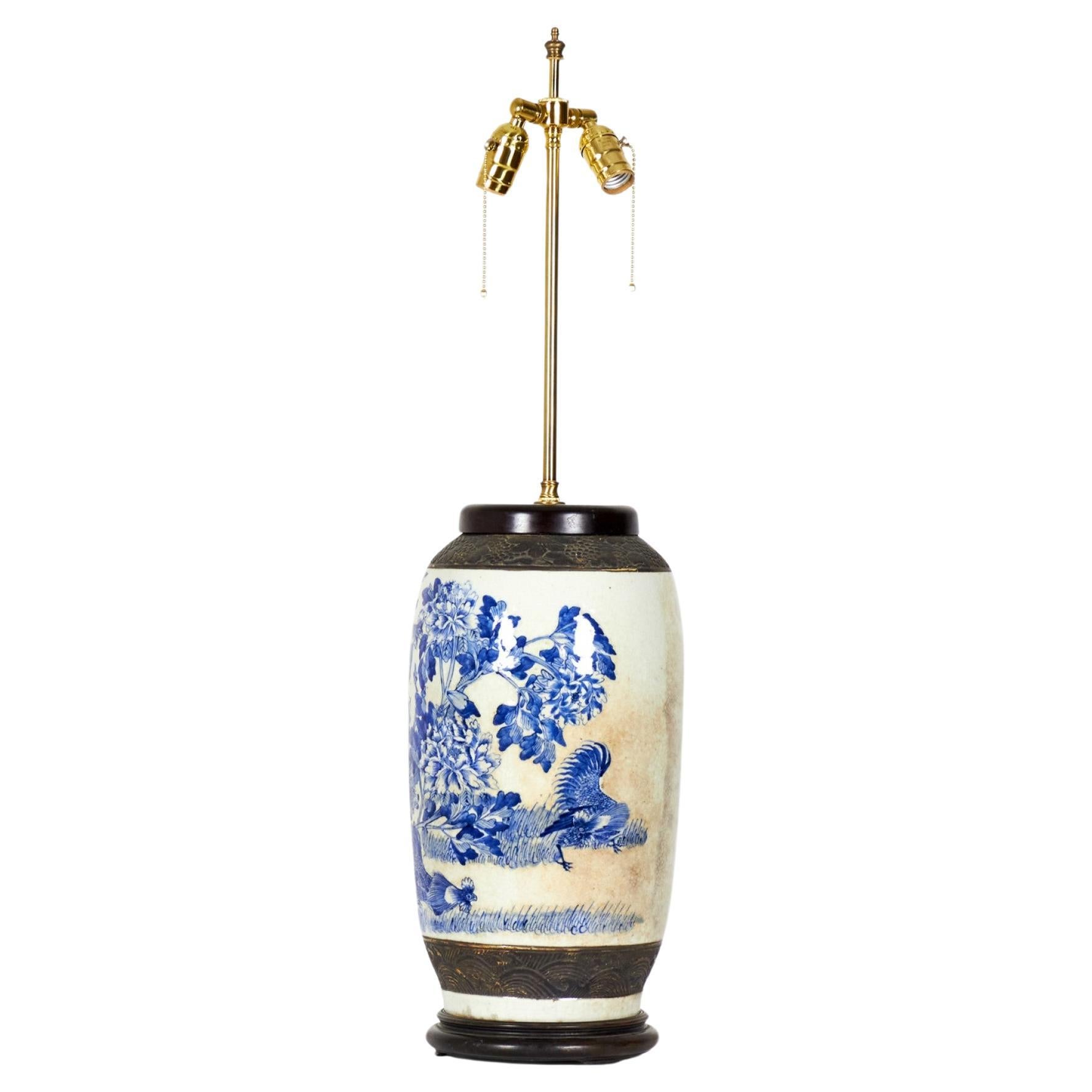 Antique Chinese Blue & White Rooster & Florals Design Porcelain Vase Table Lamp