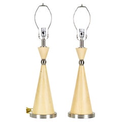 Pair of Contemporary Hourglass-Shaped Pine and Chrome Table Lamps