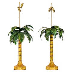 Pair of Vintage Chinese Yellow and Green Tole Palm Tree Table Lamps