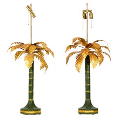 Pair of Vintage Chinese Gold and Green Tole Palm Tree Table Lamps