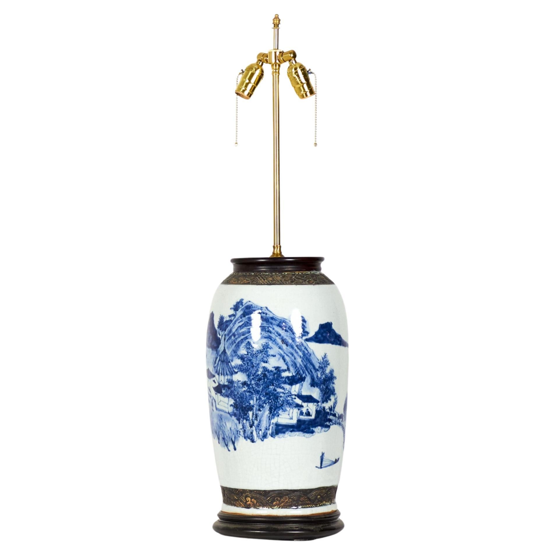 Antique Chinese Blue & White Rooster & Florals Design Porcelain Vase Table Lamp