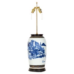 Antique Chinese Blue & White Rooster & Florals Design Porcelain Vase Table Lamp