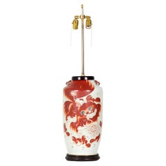 Antique Chinese Alum Red Taishi Shaoshi Design Porcelain Vase Table Lamp