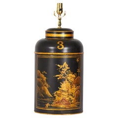 Vintage English Chinoiserie Landschaft Hand-Painted Tole Tea Caddy Tischlampe