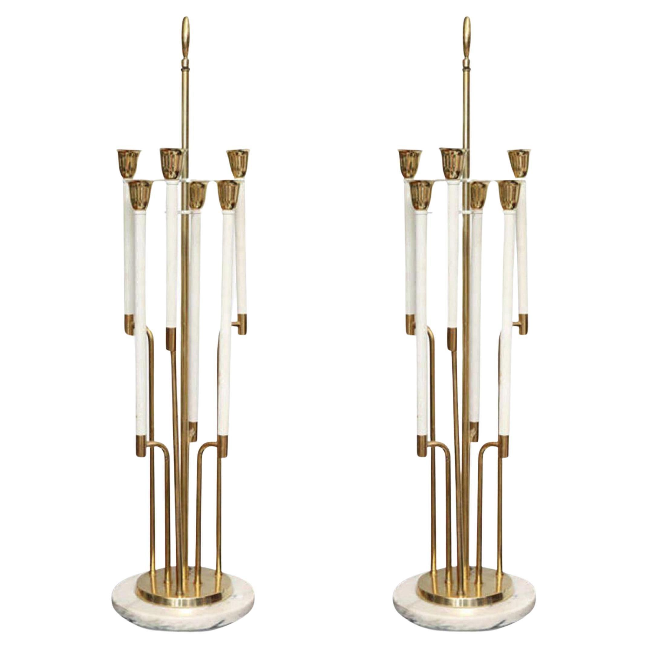 Large Pair of Brass and Marble Table Lamps