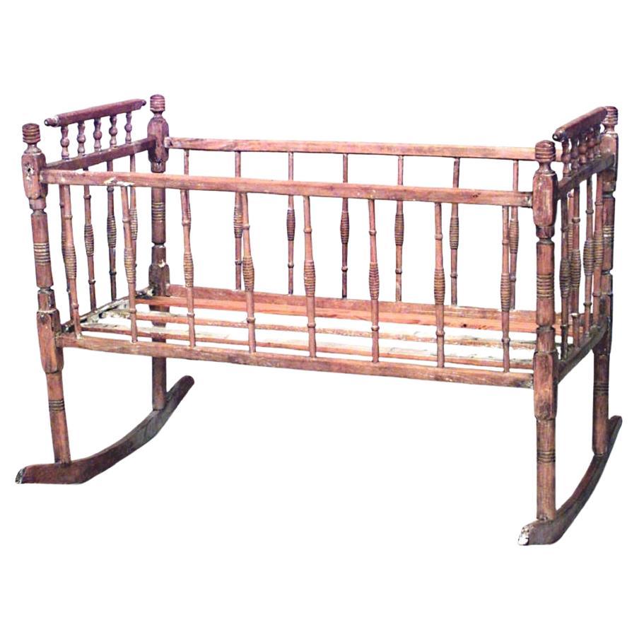 French Provincial Rocking Cradle, Hand-Crafted Wood, Circa 1850