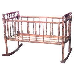 French Provincial Rocking Cradle, Hand-Crafted Wood, Circa 1850