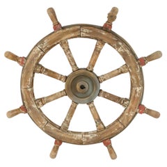 Vintage Distressed Brown and Red Painted Ship's Wheel