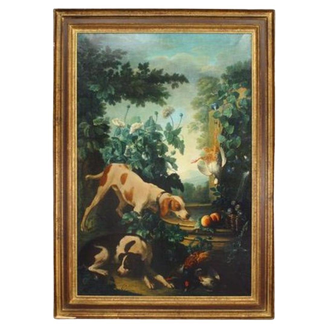 Two Dogs by the Fountain Hand-Painted Painting, Louis XIV Style For Sale