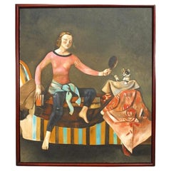 Young Girl and Kitten Painting, Hand-Painted, Mid-Century Modern