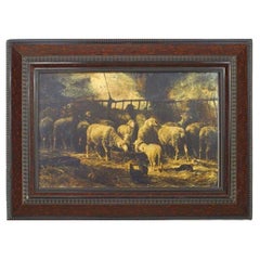 Herd of Sheep Painting, Hand-Painted Victorian Style, 20th Century