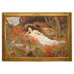 Leopards and Woman Painting, Copy of Arthur Wardle, Antique Style