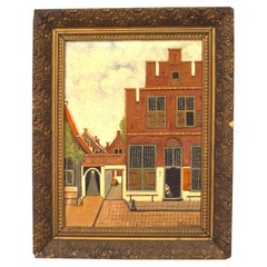 Pintura al óleo victoriana de un edificio rojo, pintada a mano, siglo XIX
