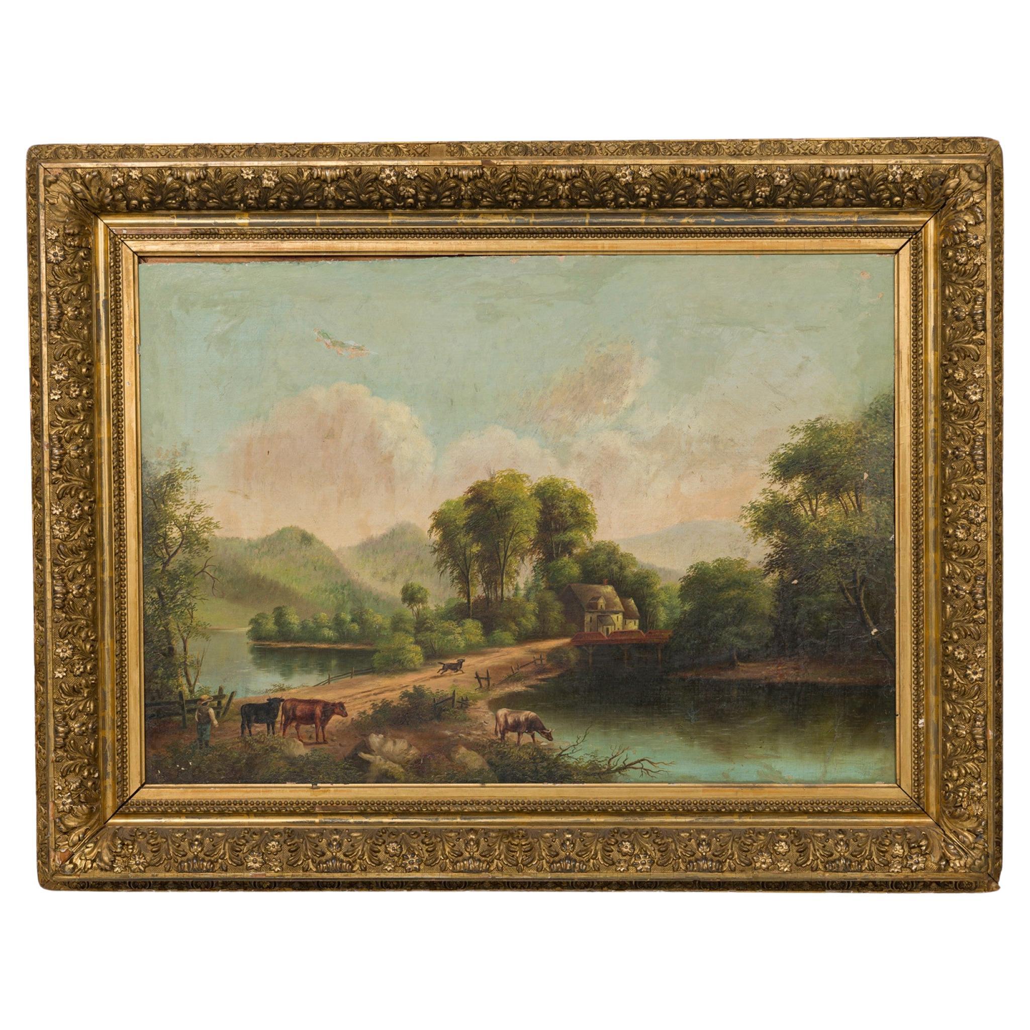 Victorian Oil Painting of Man with Cows & Dog