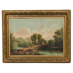 Victorian Oil Painting of Man with Cows & Dog