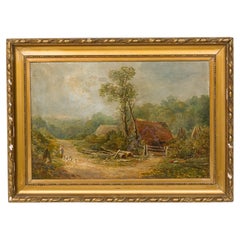 Victorian Oil Painting of Figures and Birds, Gilt Framed, 22x30"