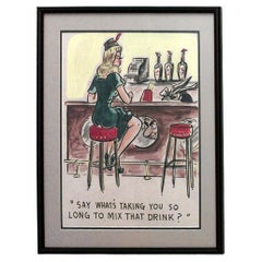 American Mid-Century Watercolor Caricature, Hand-Crafted, 20th Century