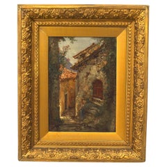 19th Century French Impressionist Oil Painting of Cobbled Street Scene