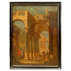19th Century Italianate Capriccio Oil Painting with Figures in Ruins