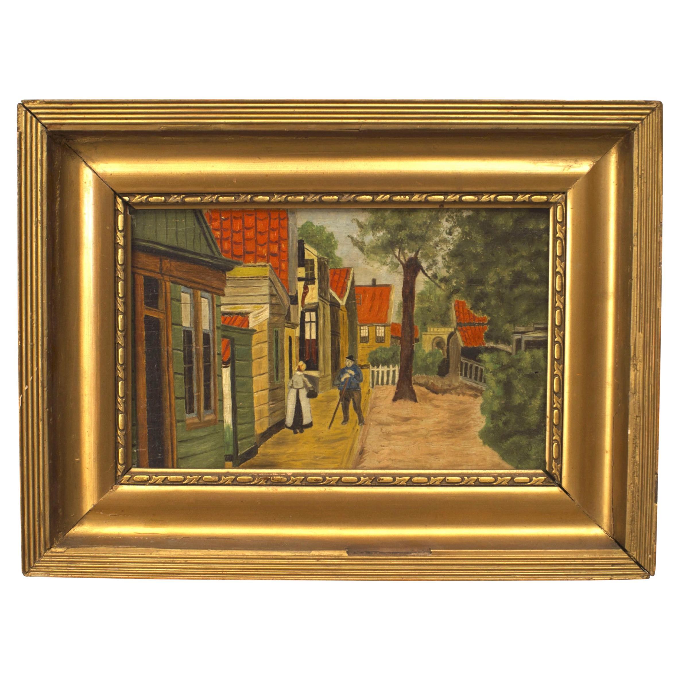 Pintura al óleo holandesa de estilo Biedermeier con una escena callejera, siglo XX, 30 x 40 cm en venta