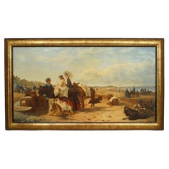 Victorian Beach Scene with Figures and Horses, Hand-Painted, 36x62