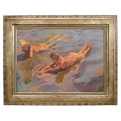 Children at the Beach, Hand-Painted Oil on Canvas, Mid-Century Modern