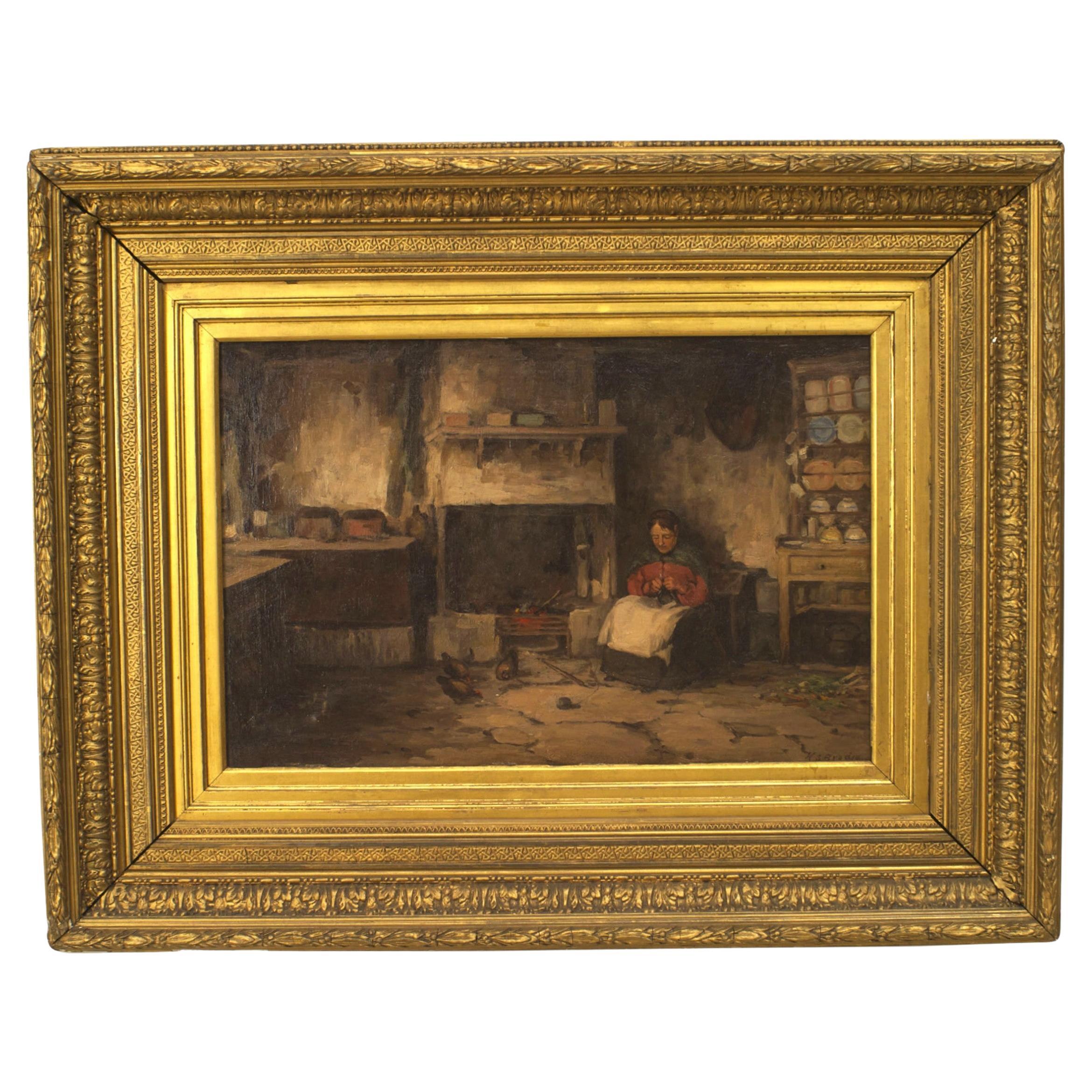 19th Century English Oil Painting of Lady by Fireplace, Gilt Frame For Sale