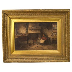 English Victorian Oil Painting of Lady by Fireplace