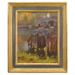 Waiting for the Ferry, Hand-Painted Victorian Copy, Late 20th Century