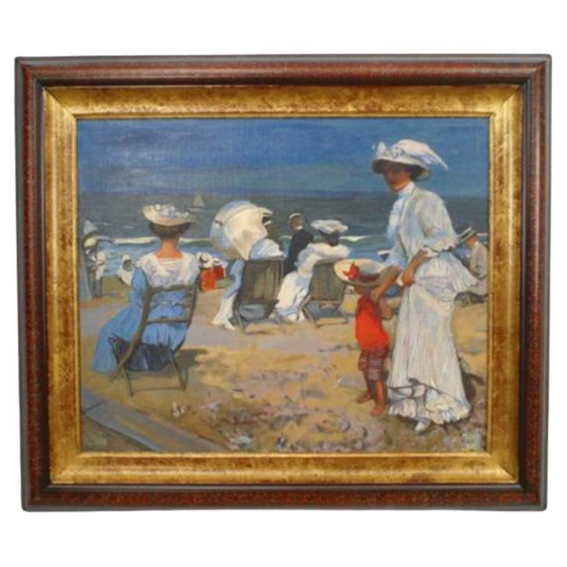 Impressionist Beach Scene Painting, Hand-Painted, Victorian Style, USA