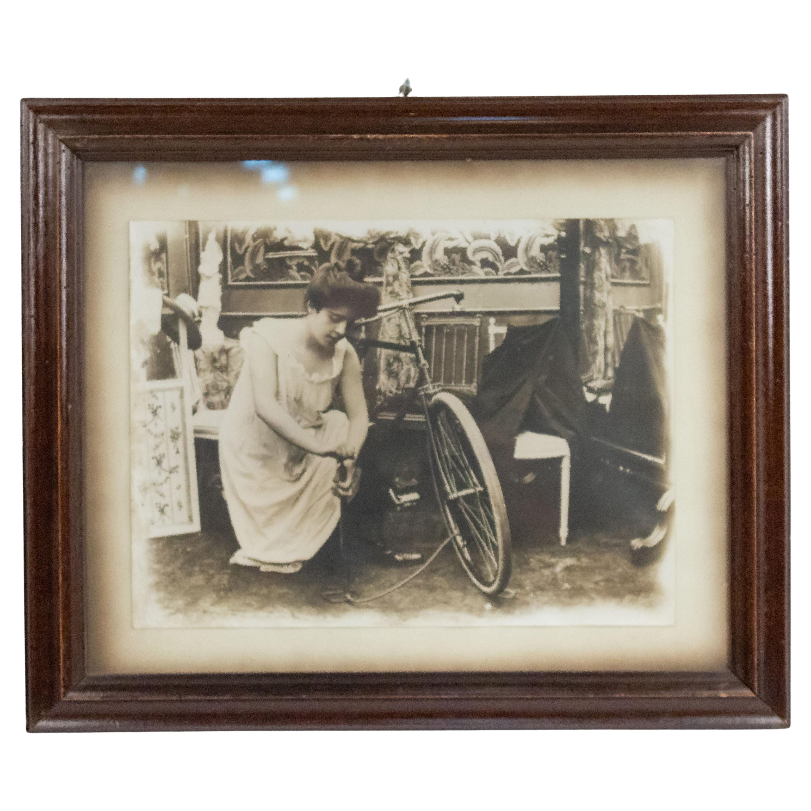 19th Century Lady with Bicycle - Antique Framed Photograph in Walnut For Sale