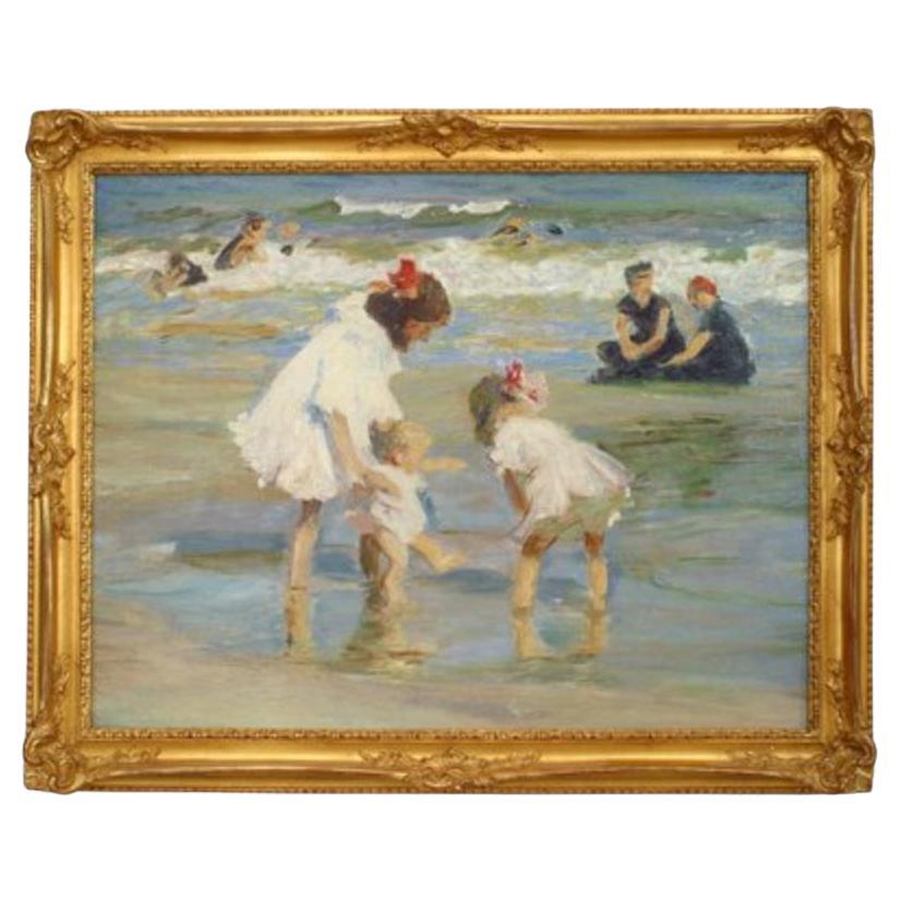 Victorian Hand-Painted Seashore Scene of Children, Late 20th Century