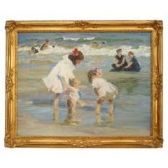 Viktorianisches, handgemaltes Strandbild mit Kindern, Ende des 20. Jahrhunderts