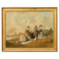 Hand-Painted Sea Shore Picnic Scene, Louis XV Style, Late 20th Century
