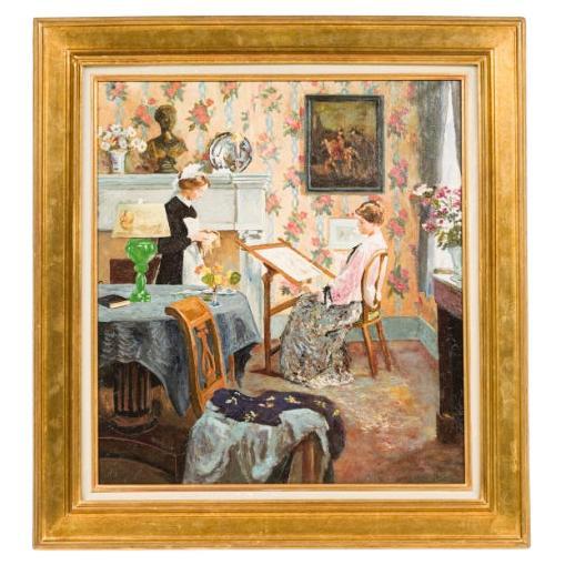 Impressionist Painting of Woman Drawing in Victorian Style