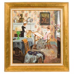 Dipinto impressionista raffigurante una donna che disegna in stile vittoriano