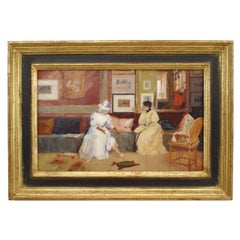 1895 Impressionist Painting of Victorian Women - A Friendly Visit
