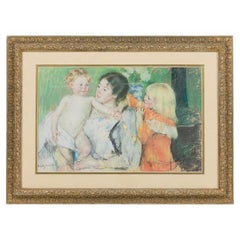 Antikes Pastellporträt einer Mutter mit ihren Kindern, 66 x 89 cm