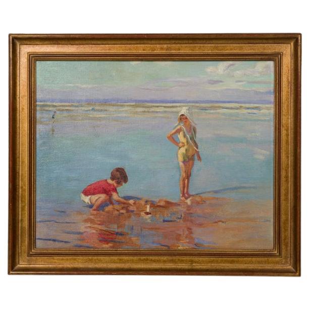 Victorian Style Painting of Figures in a Tidal Pool, Late 20th Century For Sale
