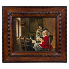 Ragazza interrotta mentre dipinge musica, dipinto a mano, stile Biedermeier
