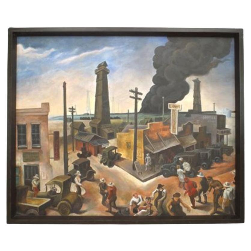 Riproduzione del dipinto "Boom Town", in stile regionalista americano, 120 x 145 cm