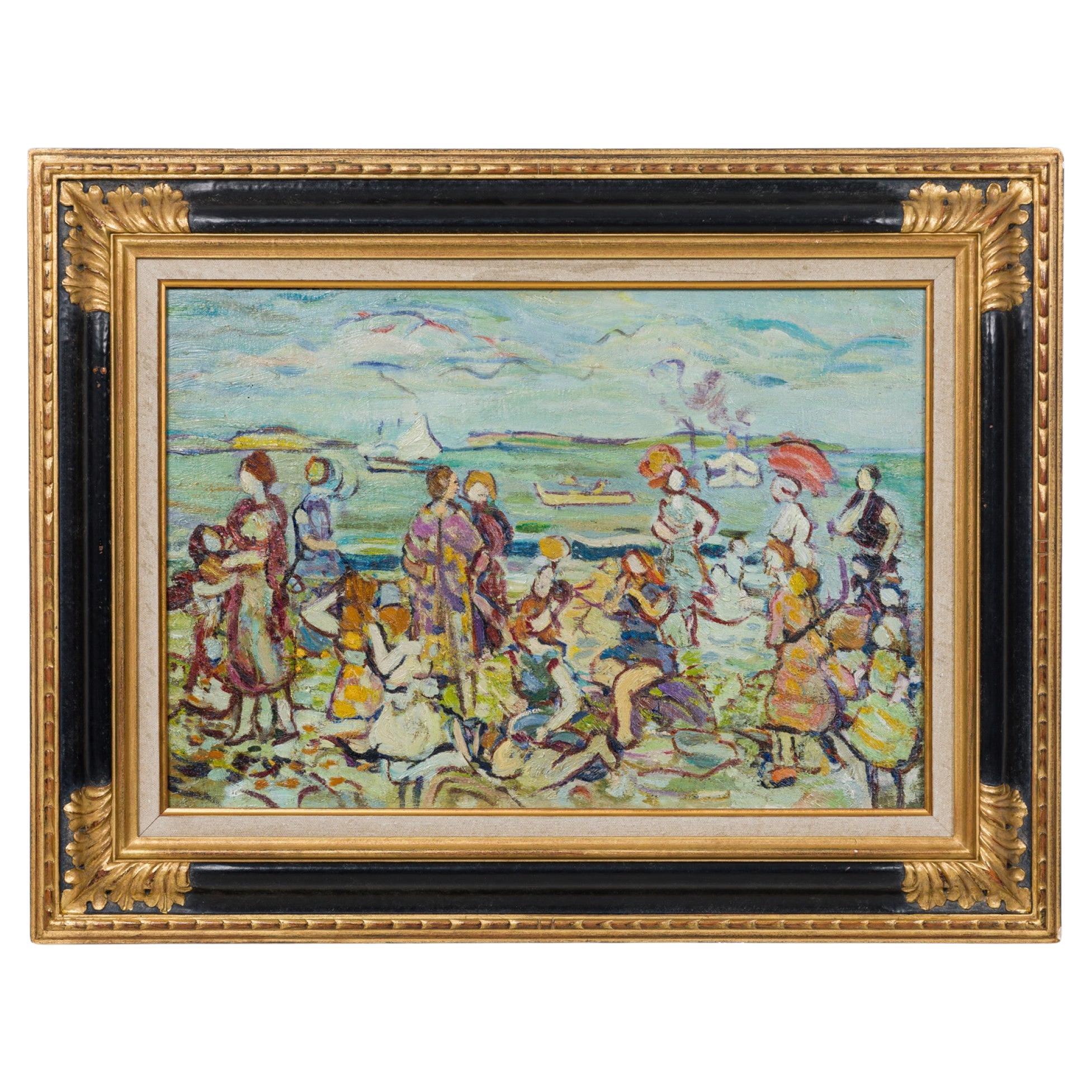 The Inlet Impressionist Landscape Painting of Bathers, Antique, 23x29