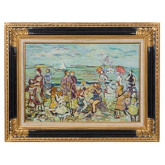 The Inlet Impressionist Landscape Painting of Bathers, Antique, 23x29