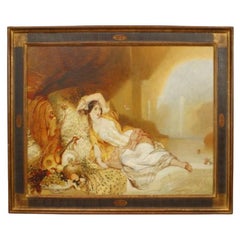 Reclining Woman Painting, Antique Middle Eastern Scene, 26x37.5 Inches