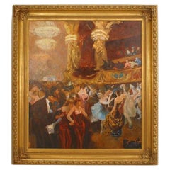 Hand-Painted Biedermeier Style Masked Ball Painting, Late 20th Century
