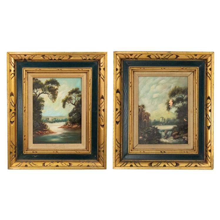 Pareja de Paisajes Verticales Victorianos Franceses de Río en venta